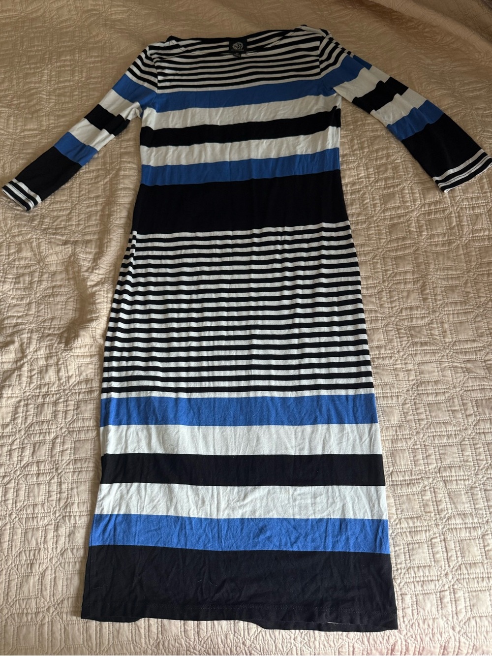 Bobeau Striped Blue, Black & White Maxi Dress - Classic Boatneck Style